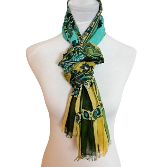 Chicos Peacock Paisley Print Scarf Oblong Eyelash Fringe Summer Spring Turquoise - Picture 2 of 14